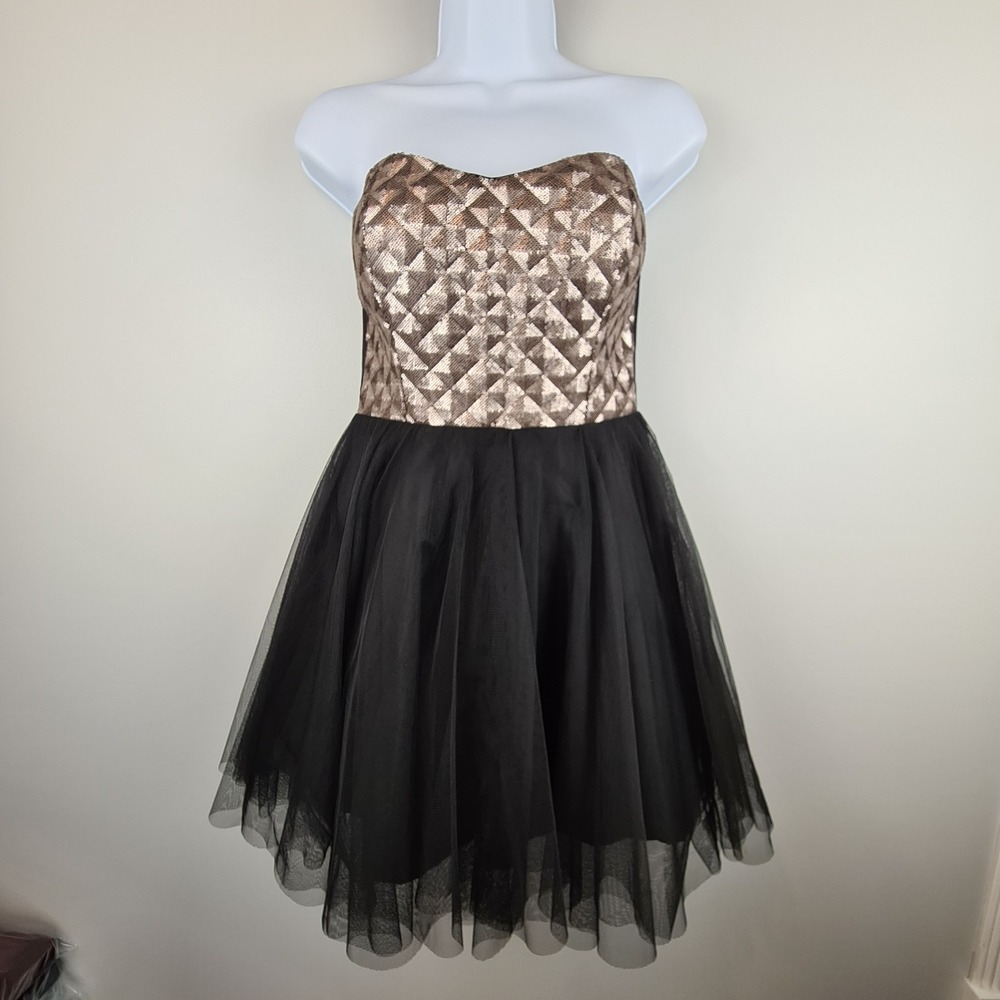 Teeze Me Black Rose Gold Sequin Party Dress Mini Cocktail Size 5 Prom Birthday